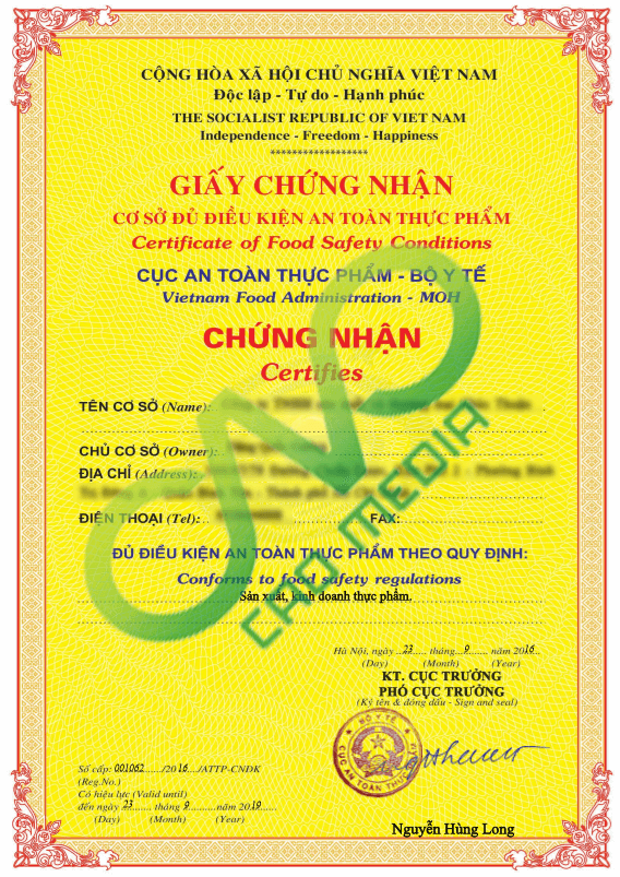 Mẫu giấy chứng nhận vệ sinh an toàn thực phẩm của Bộ Y Tế cấp (Ảnh C.A.O Media)