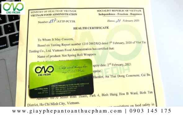 Health Certificate form cho sản phẩm bánh tráng